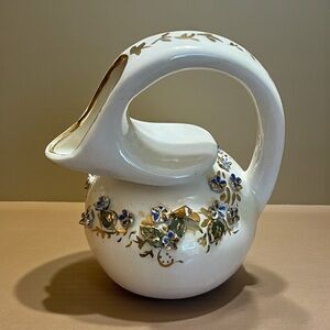 Elegant Cream and Gold Floral Pitcher with Gold Accents